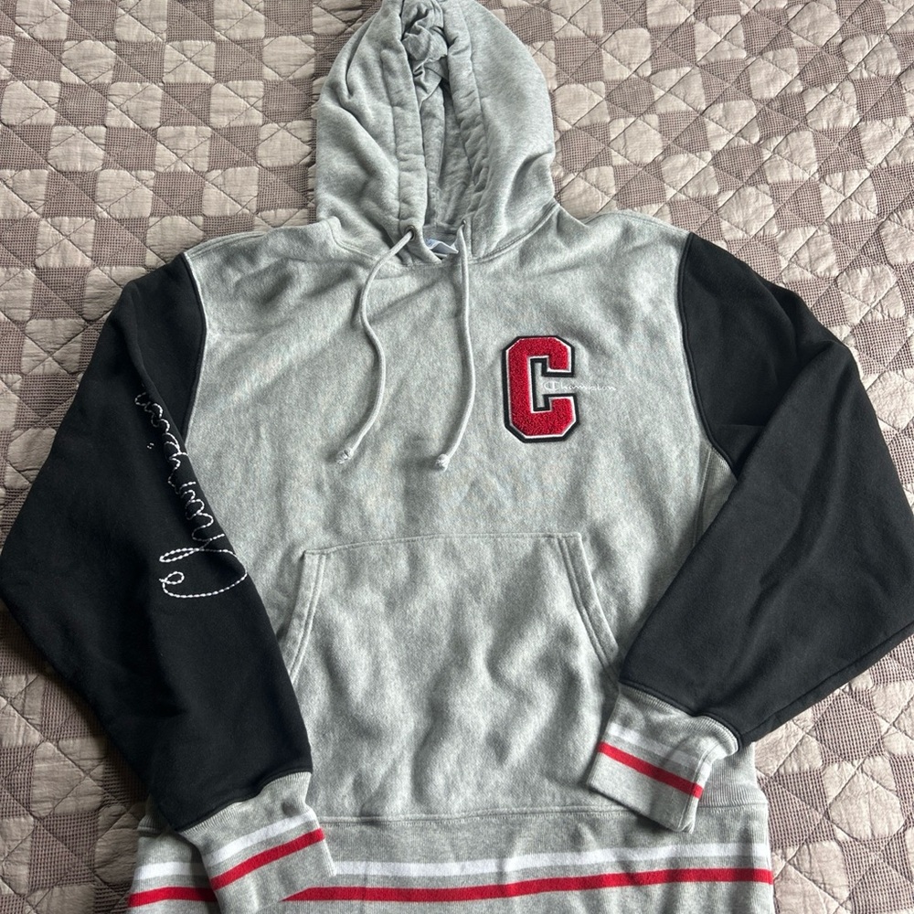 Champion Gray and Black Varsity Sweater with Red Logo